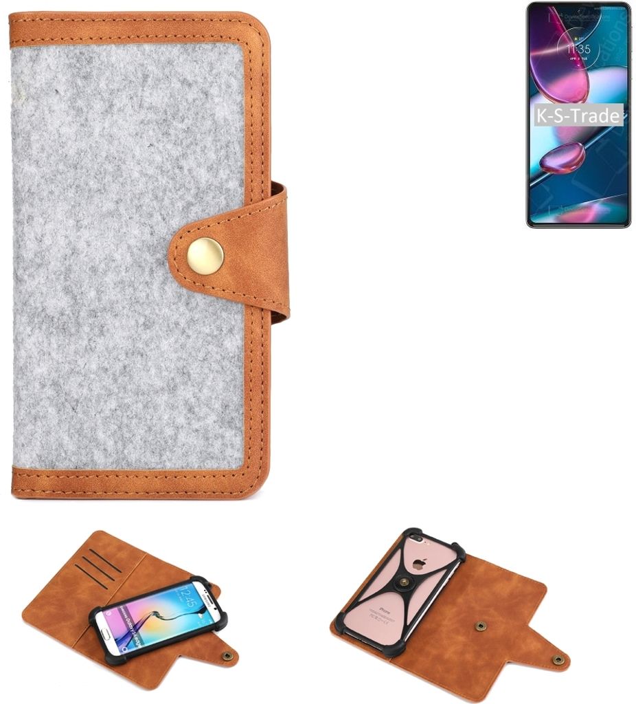K-S-Trade Handyhülle kompatibel mit Motorola Edge Plus 2022 Schutzhülle Filz-Hülle Kunst-Leder hellgrau braun (1x)