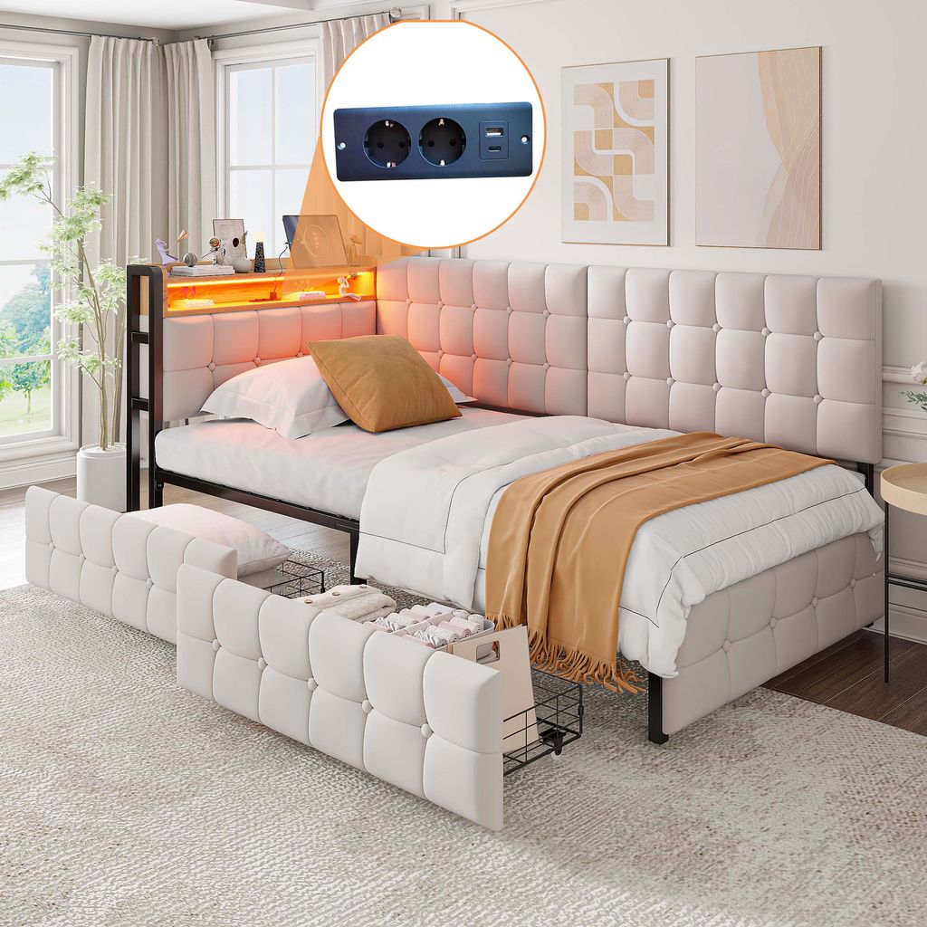 A bedroom scene featuring a daybed with storage drawers and LED lighting, with an inset image of a power outlet.