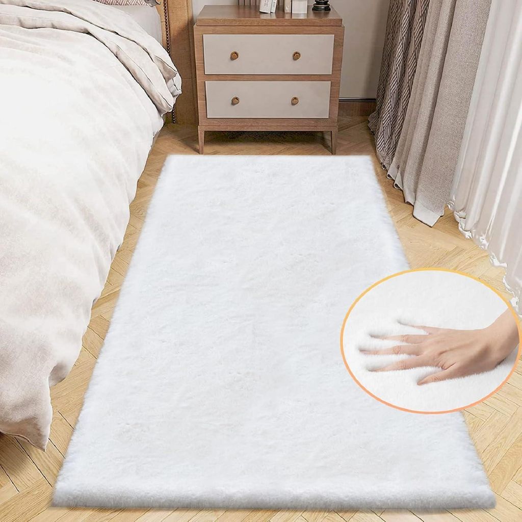 Teppich Läufer Weiß 60x180 cm Kunstfell Flauschig Waschbar Produktbild 