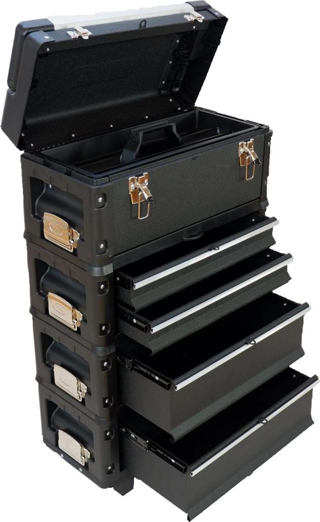 ALEOS. Metall Werkzeugtrolley Werkstattwagen XXL Type: B2-B BLACK EDITION schwarz mit Schubladenverriegelung und Schloss
