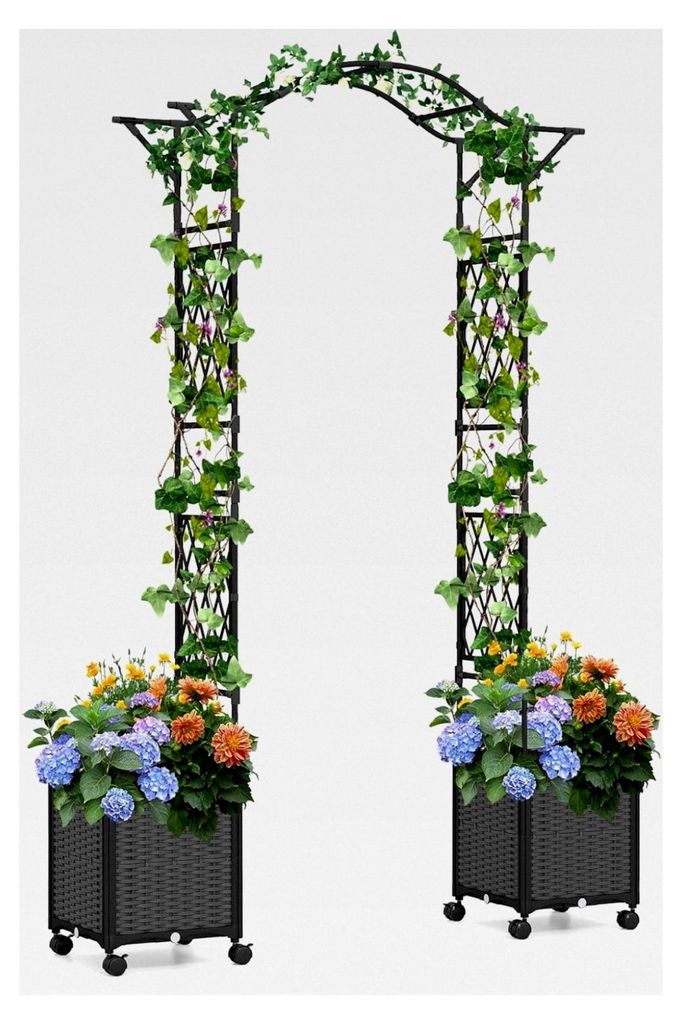 Metallrosenbogen mit 2 Pflanzkästen, Gartenbogen mit Rollen, Rankhilfe für Hochzeiten, Torbogen für Kletterpflanzen, 208 x 40 x 250 cm (Grau)