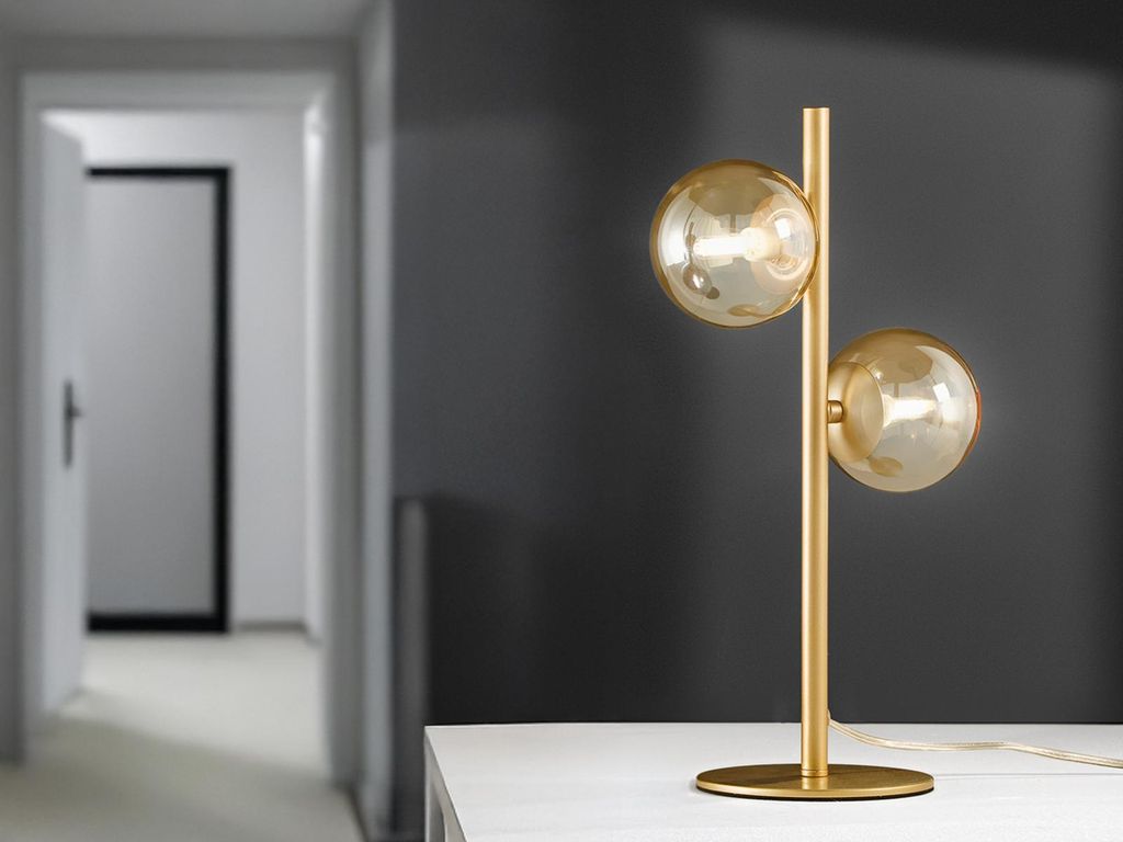 LED Tischlampe Gold & Glaskugeln Bernsteinfarben - stylishe Nachttischleuchte