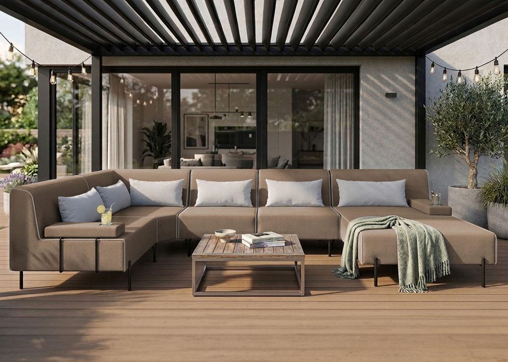 Garten-Ecksofa Borneo XL Dunkel Beige Links – Wetterfestes Outdoor Loungesofa – 377 x 222 cm – Wasserabweisender Sunset-Stoff – Modernes De...