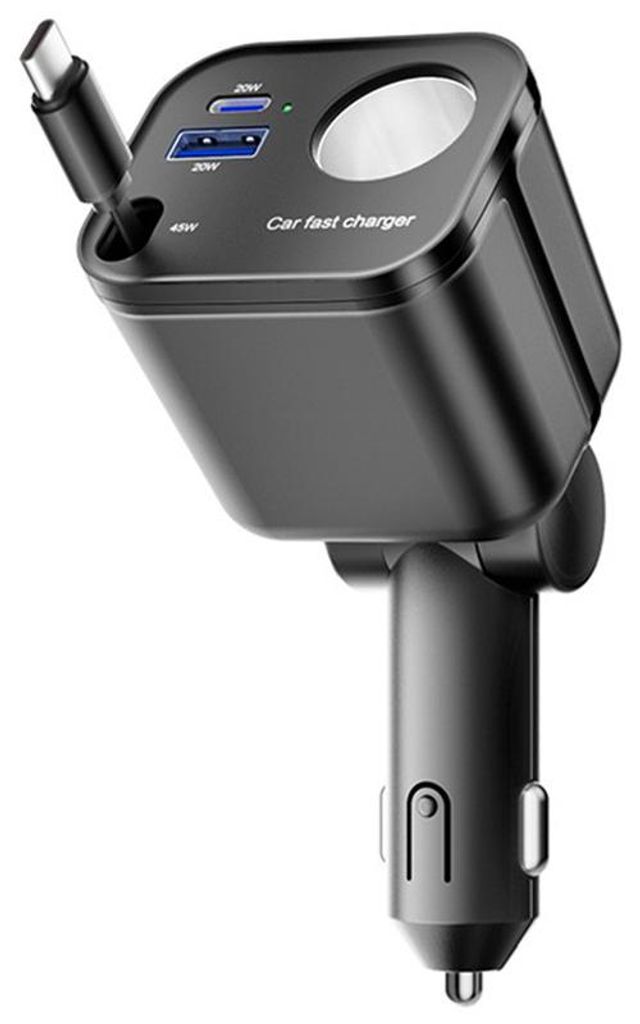 4-in-1 Auto Ladegerät 145W USB-C Kabel ausziehbar 65cm 12V Steckdose USB-A USB-C Schnellladeadapter PKW LKW Wohnmobil