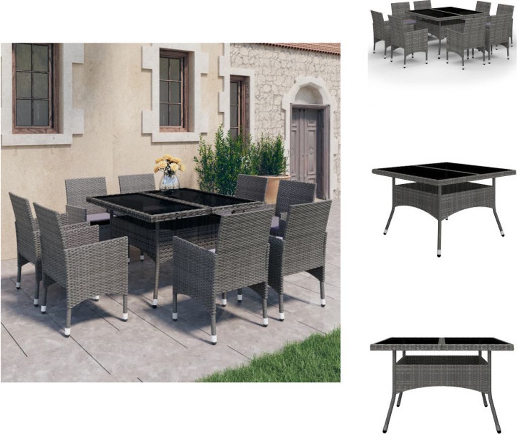 vidaXL 9-tlg. Garten-Essgruppe Poly Rattan und Glas Grau - Gartenmöbel-Sets