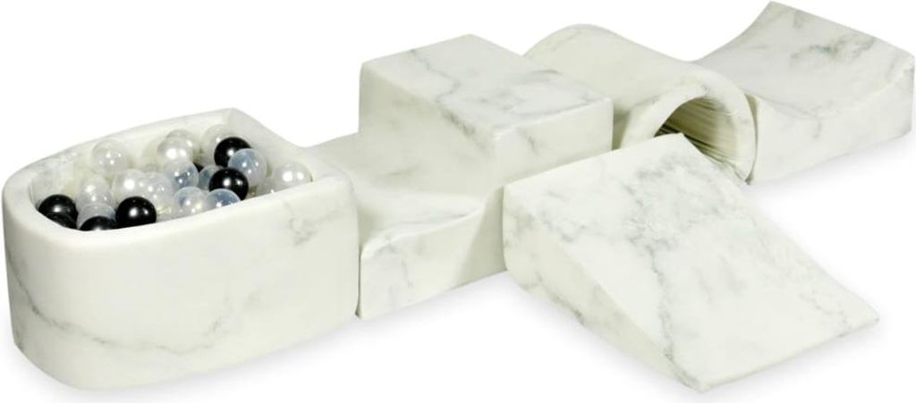 Schaumstoffspielplatz mit Brücke und Pool-Mikromurmel + 100 Bälle: Graphit metallic, Perlmutt, Transparent