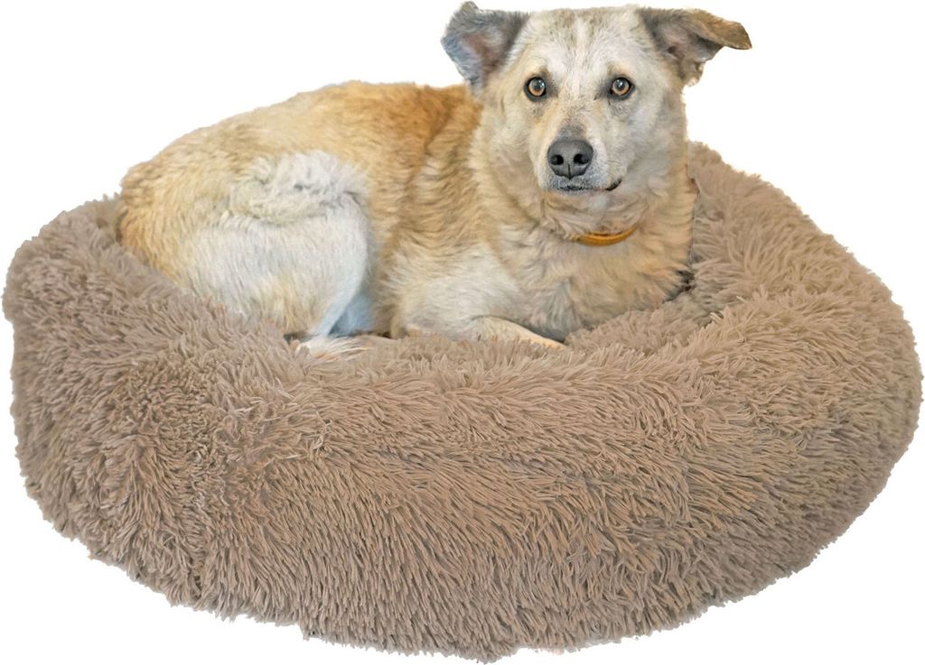 Hundebett Katzenbett Donut, 70 cm rund, hellbraun mit kuscheligen Langhaarplüsch