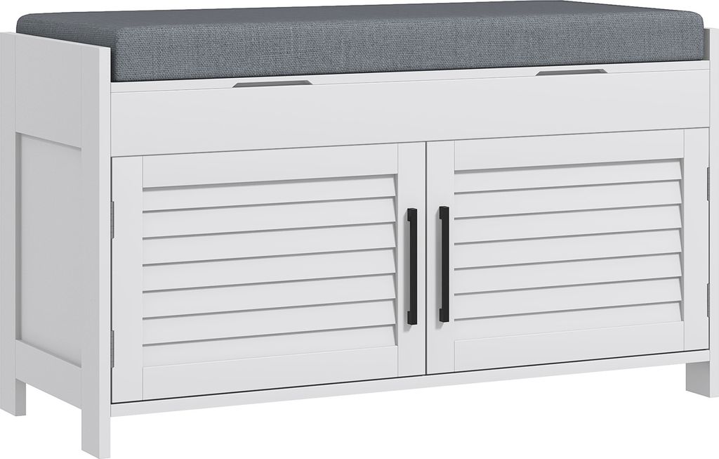 HOMCOM Schuhbank mit verstellbarem Innenregal auf 3 Ebenen, schmales Schuhregal aus MDF und Stoff in Leinenoptik, 90 x 36 x 50 cm, Weiß und Grau