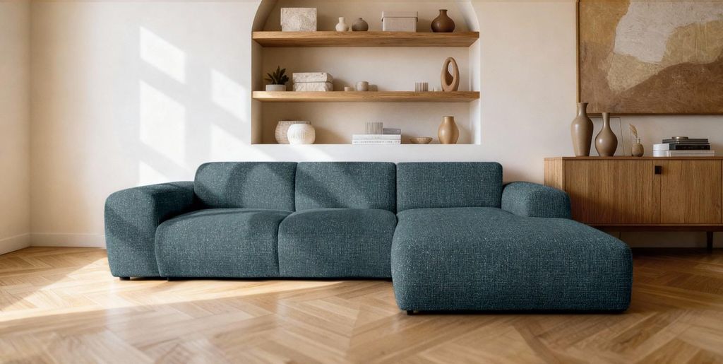 Sofiland GIN Ecksofa L-Form 310x192 cm Ottomane rechts Strukturstoff Petrolblau