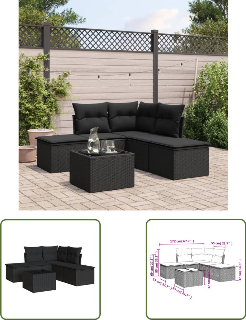The Living Store 6-tlg. Garten-Sofagarnitur mit Kissen Schwarz Poly Rattan