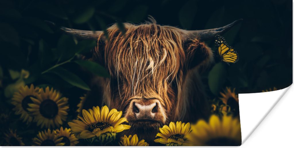 MuchoWow Poster Schottische Highlander - Blumen - Kuh - Botanisch - Tiere 40x20 cm - Poster für die Wand - Poster Schlafzimmer