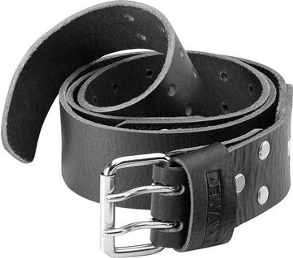 A black leather belt with a silver buckle is coiled and presented against a white background.