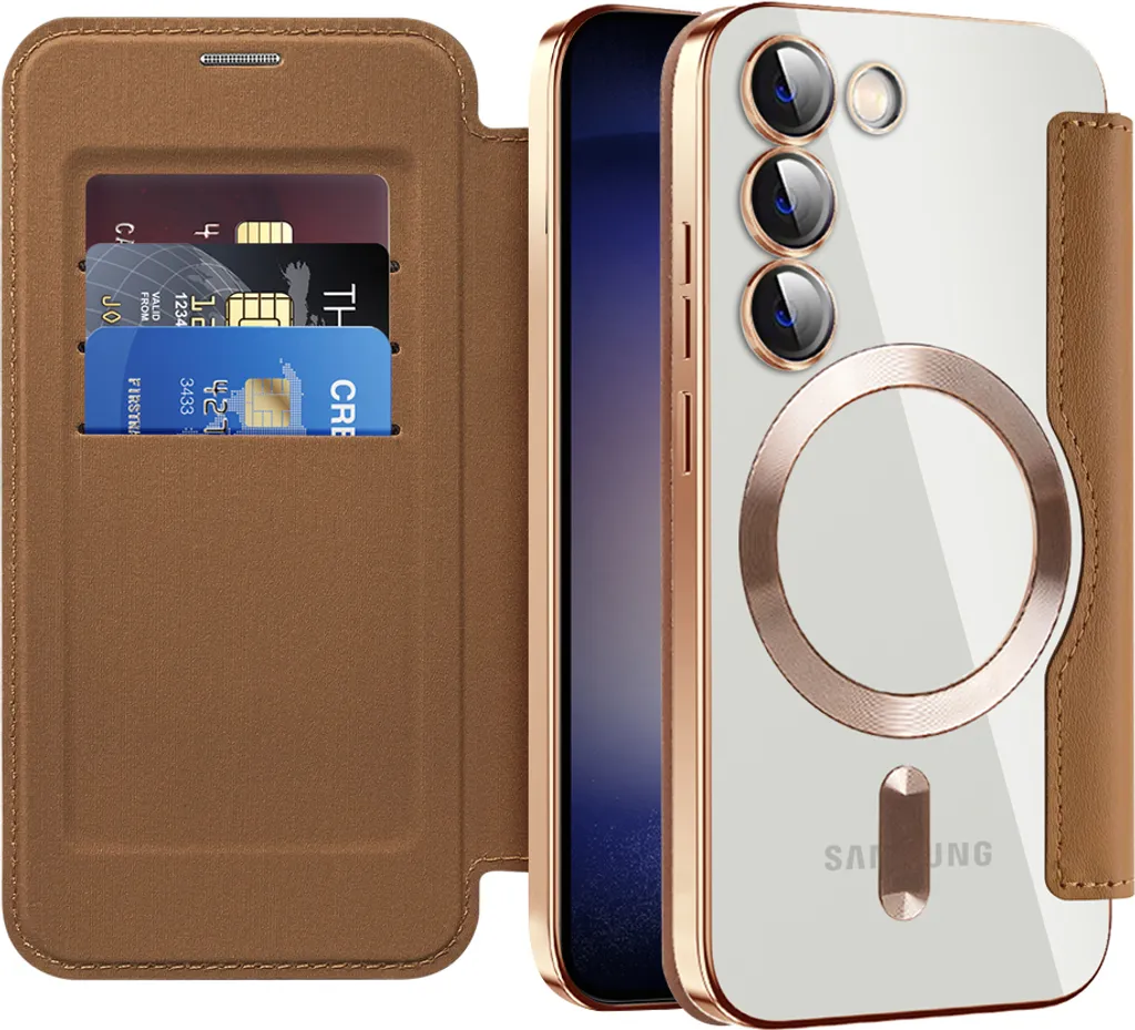 Cover MagSafe Samsung S23 Marrone: Pelle, Portacarte e Difesa Camera