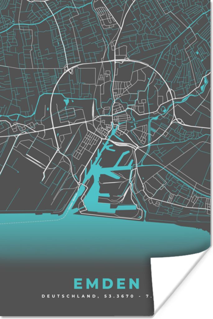 MuchoWow Poster Karte - Emden - Blau - Stadtplan - Deutschland 80x120 cm - Papierdruck