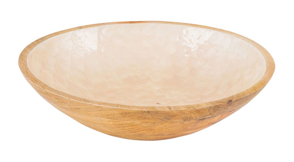 Schüssel 35cm Mango Holz Creme Perlmutt Emaille Schale Bowl Salatschüssel Deko