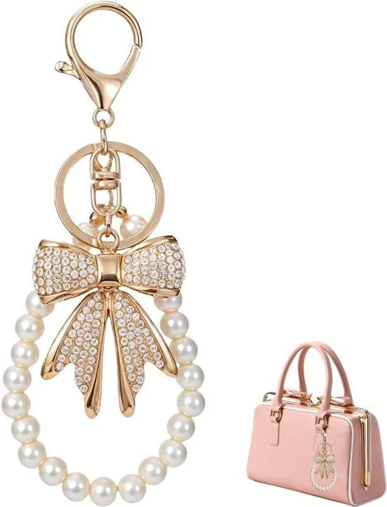 Porte-clés perles avec arc en strass scintillant - Finition Dorée Luxe