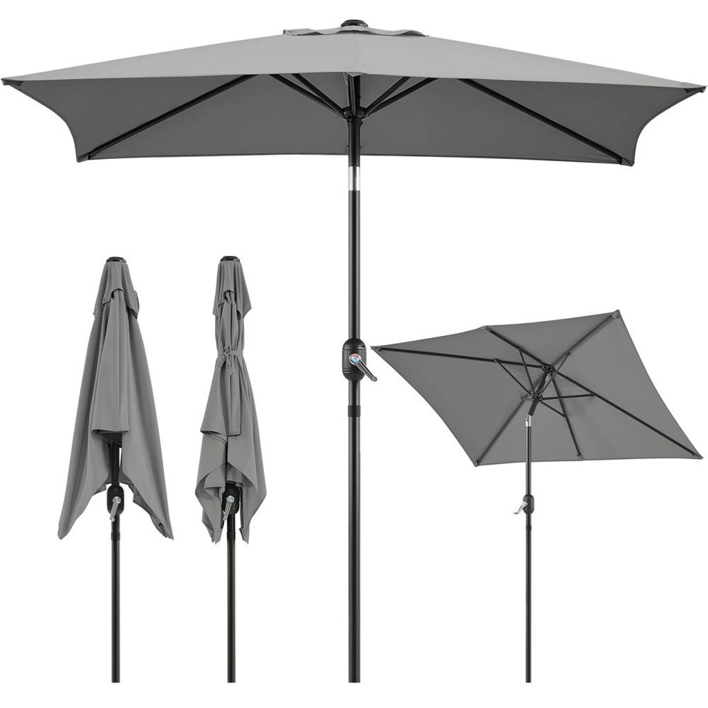 Yaheetech Rechteckiger Sonnenschirm Ø 227 cm, neigbarer Gartenschirm mit 6 Rippen, Terrassenschirm Kurbelschirm, Sonnenschutz, Grau