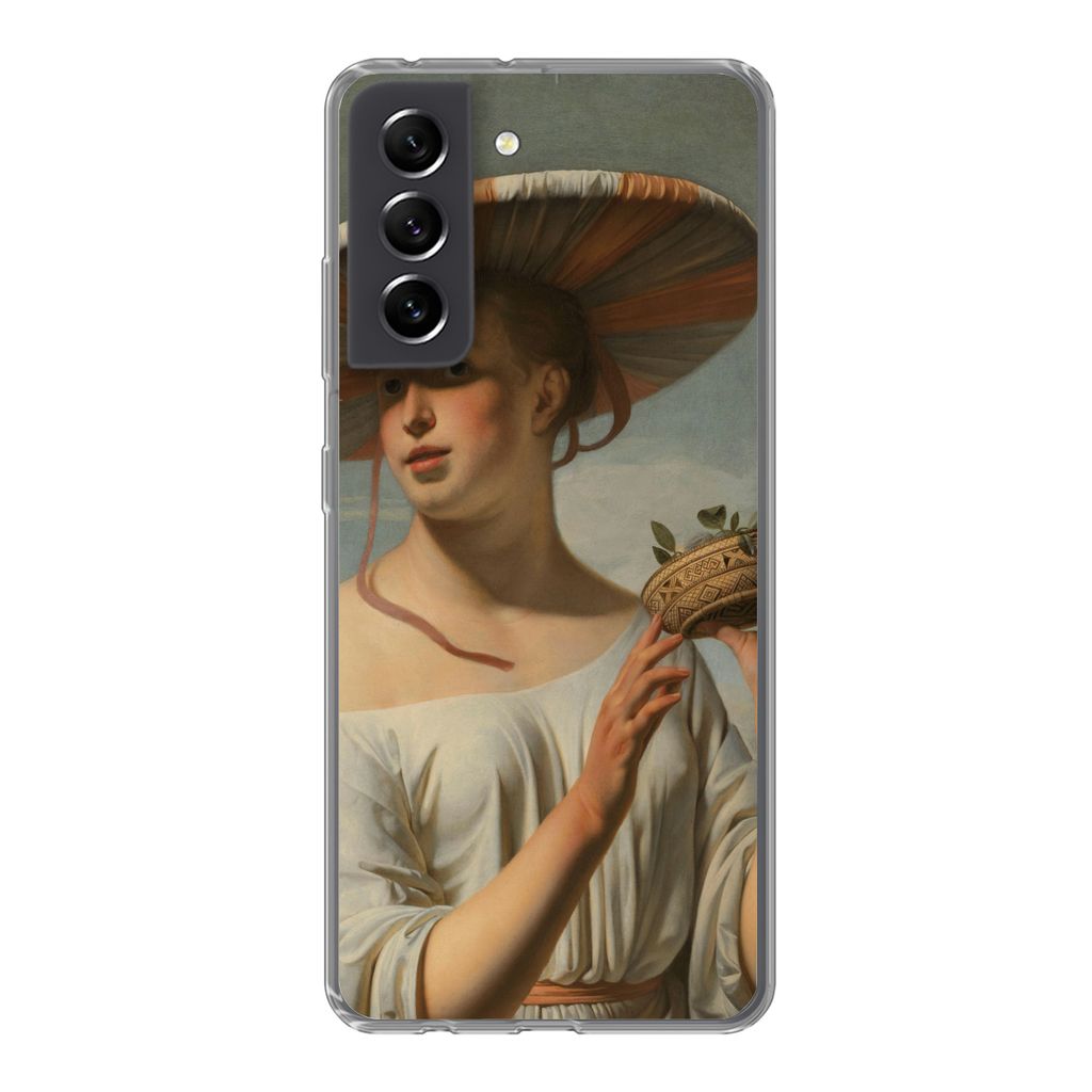 MuchoWow Handyhülle Schutzhülle Hülle für Samsung Galaxy S21 FE Mädchen mit breitem Hut - Gemälde von Cäsar Boëtius van Everdingen Siliko...