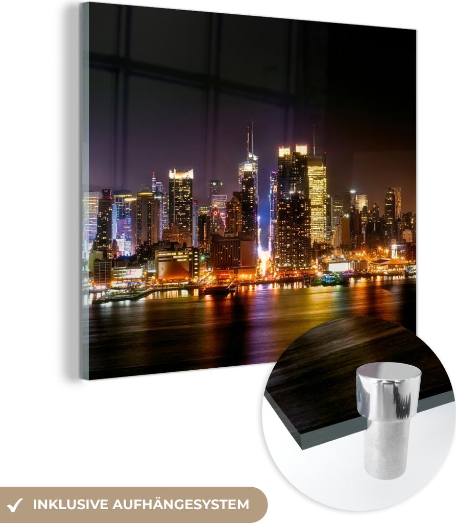 MuchoWow Glasbilder - Bilder auf Wandbild - Foto auf Glas New York - Manhattan - Skyline 90x90 cm Wanddekoration aus Glas - Acrylglasbild - Acrylbi...