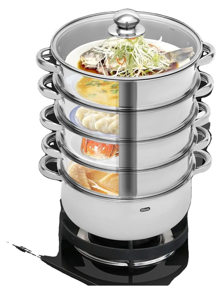 A multi-tiered stainless steel steamer pot filled with food, placed on a black stovetop.
