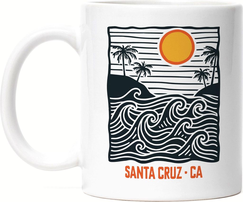 Santa Cruz Tasse Weiß – Klassisches Santa Cruz Motiv im Line-Art Stil mit Palmen & Wellen, Geschenkidee für Surffans