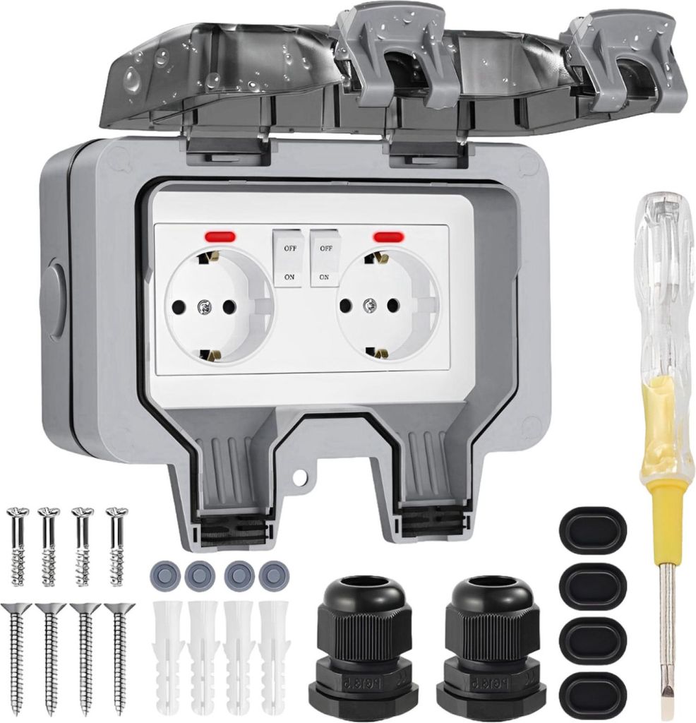 Outdoor Steckdose wasserdicht 2-fach Outdoor Steckdose IP66 mit Schaltleuchte, Outdoor Steckdose Wand Steckdose Garten Steckdose mit verriegelbarem...