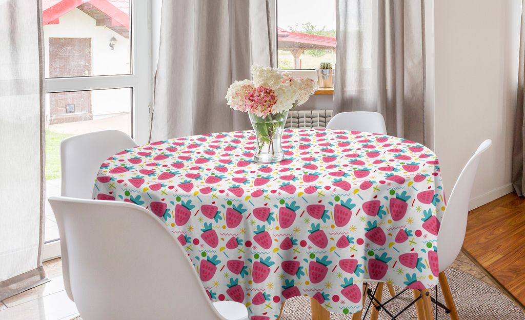 ABAKUHAUS Erdbeere Runde Tischdecke, Doodle Früchte Zigzags, Kreis Tischdecke Abdeckung für Esszimmer Küche Dekoration, 150 cm, Rosa Seafoam Weiß