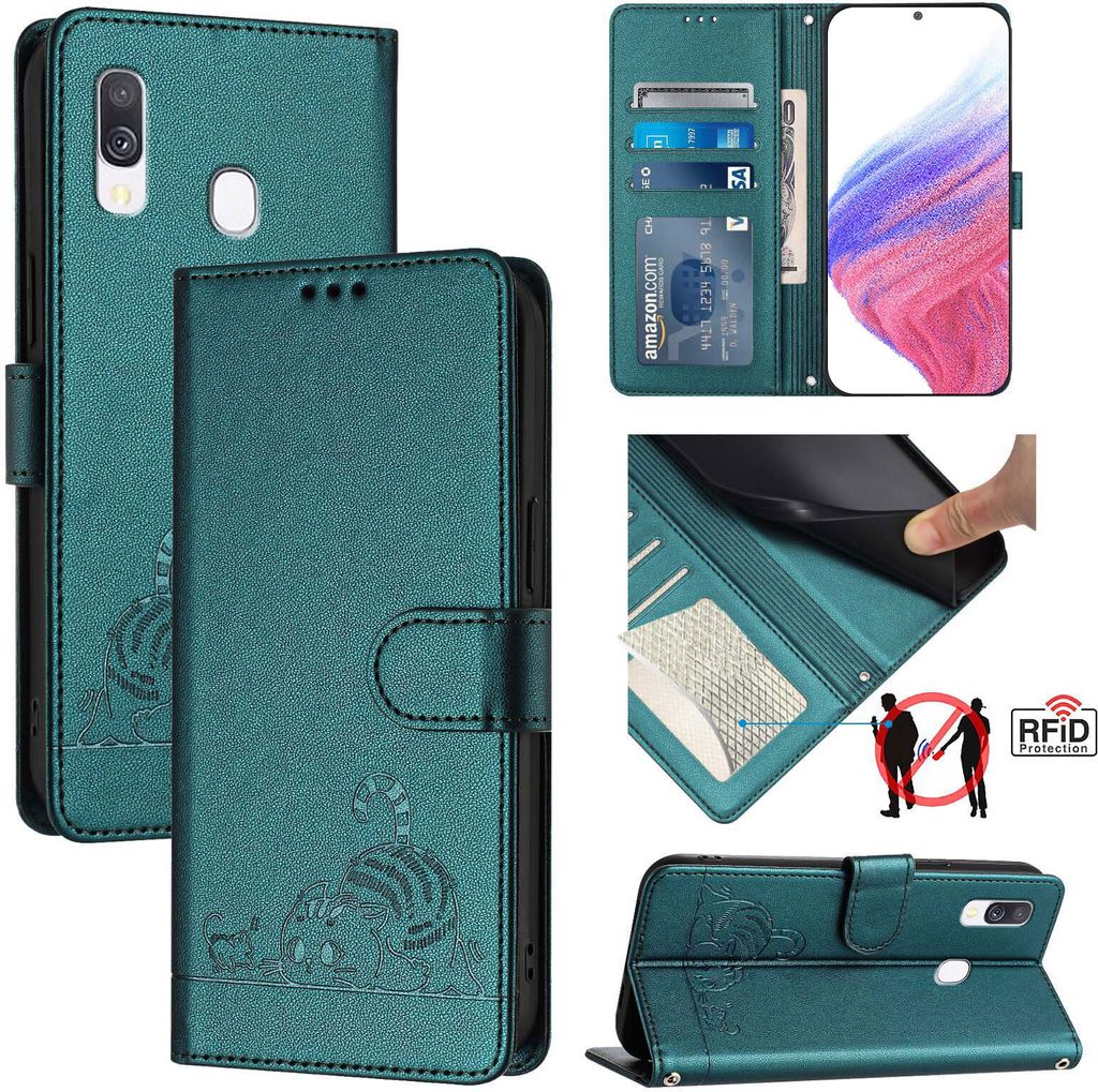 Leder Hülle für Samsung Galaxy A40 Süße Katze Flip Case Brieftasche Schutzhülle mit Standfunktion Grün