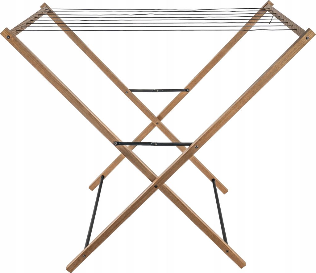 A wooden clothes drying rack against a white background.