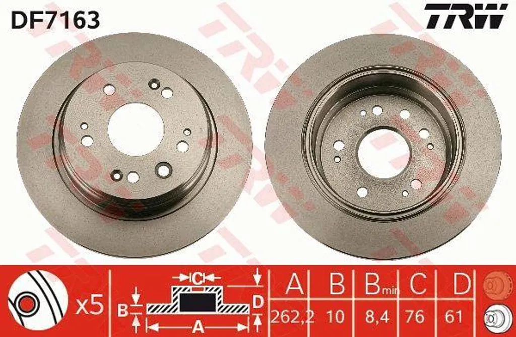 Disque de frein TRW DF7163 OE 42510S7AJ50 pour Honda FR-V et Stream
