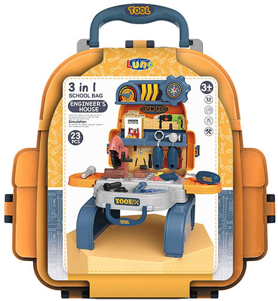 Luna Werkzeug Werkbank Rucksack 3in1 Zubehör 23-tlg. Kinder Handwerker Spielset