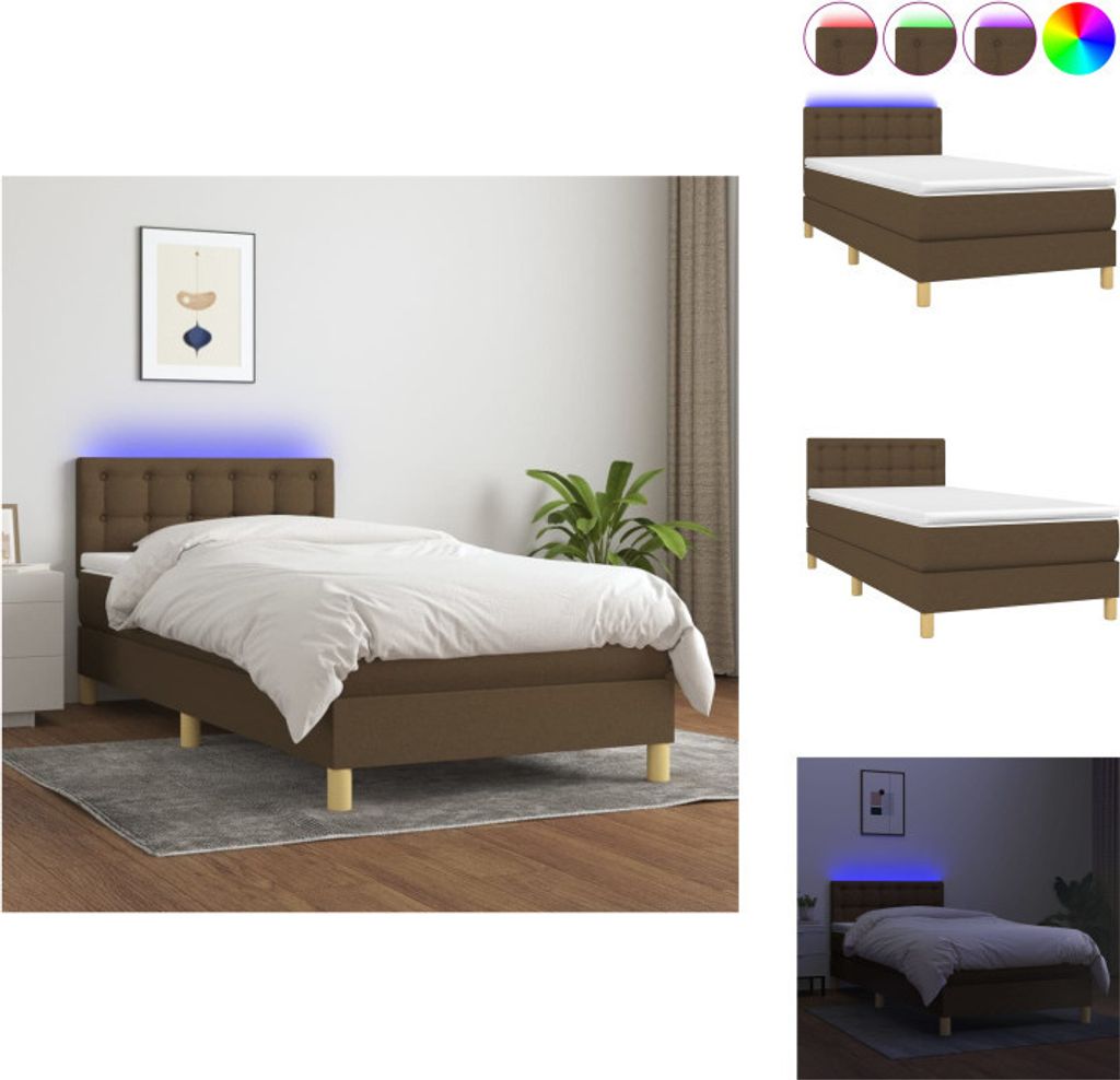 vidaXL Boxspringbett mit Matratze & LED Dunkelbraun 90x190 cm Stoff - Betten & Bettgestelle