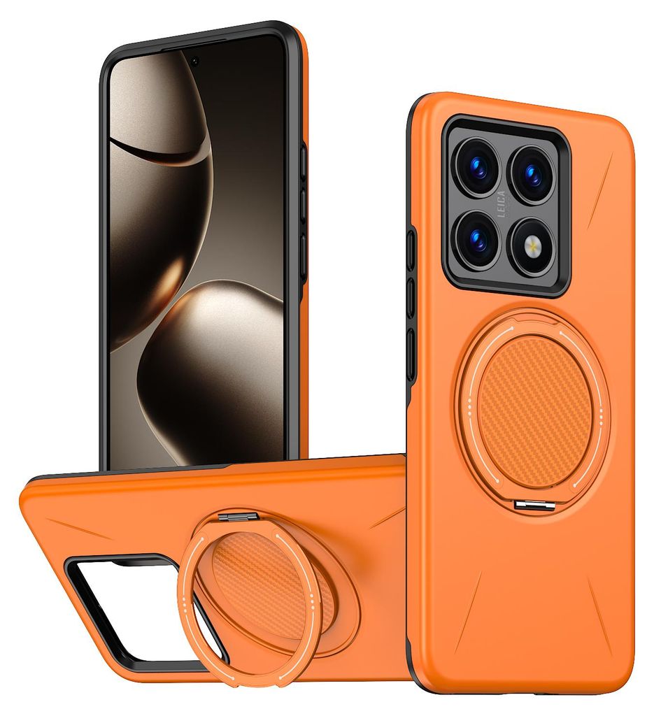 Magnetisch Hülle für Xiaomi 14T Pro, Stoßfeste Weich TPU und Hard PC Schutzhülle mit Ringhalter Ständer Orange