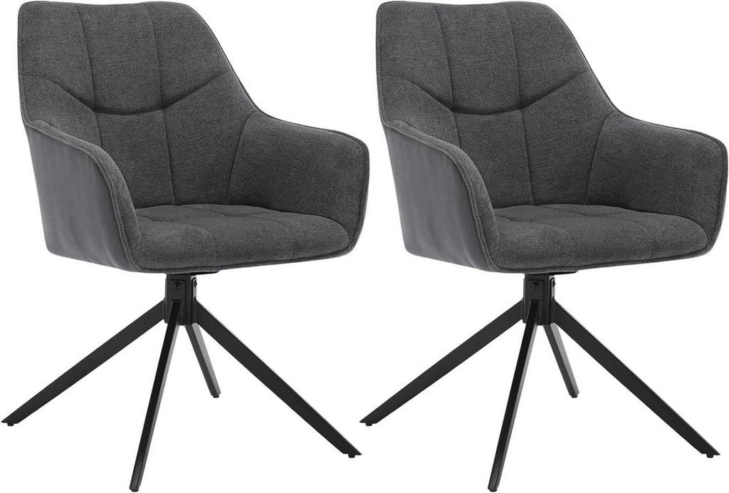 Two dark gray upholstered chairs with black metal legs.