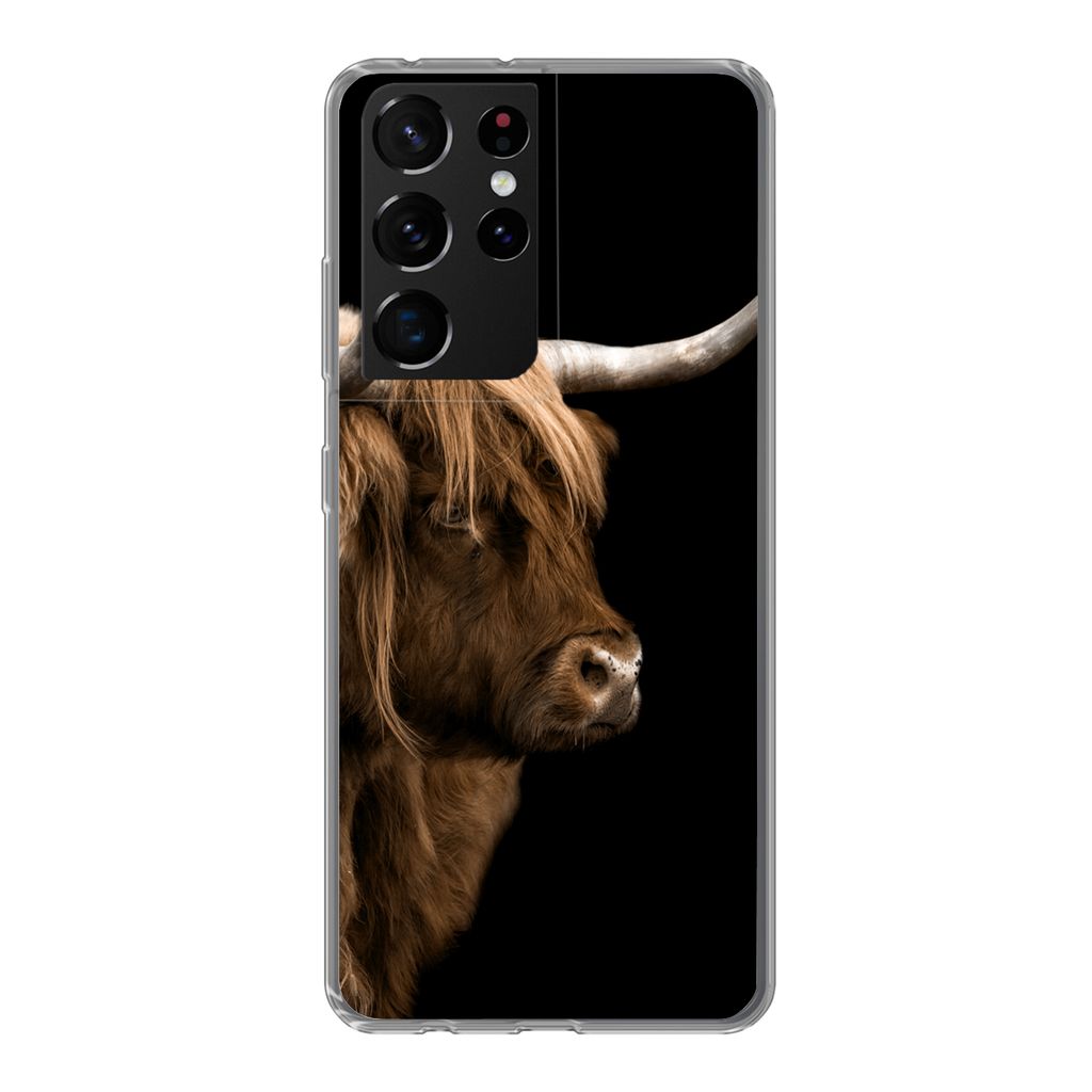 MuchoWow Handyhülle Schutzhülle Hülle für Samsung Galaxy S21 Ultra Schottischer Highlander - Kuh - Schwarz Silikon Softcase Handy Hülle - Mo...
