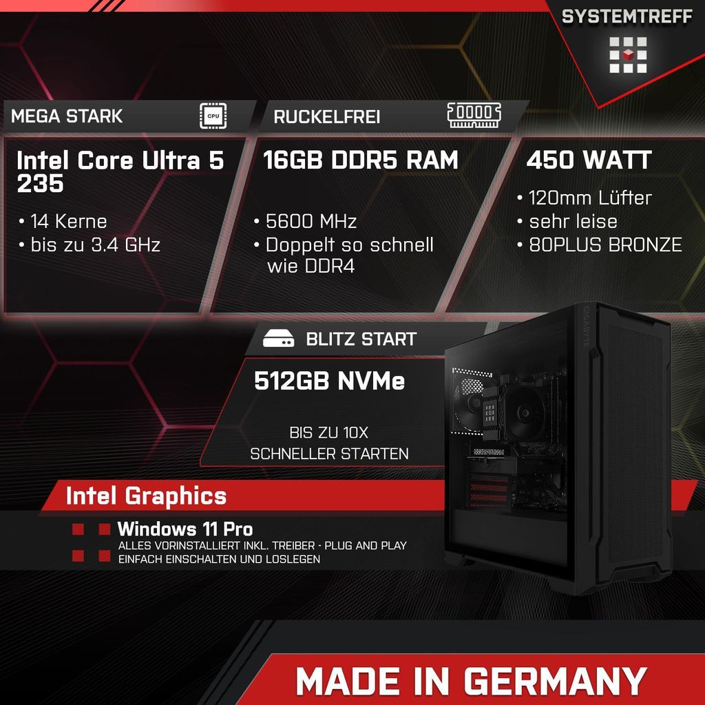 SYSTEMTREFF Mini PC - Core Ultra 5 235 - Intel Graphics - 16GB DDR5 - 512GB NVMe - 24 Zoll TFT - Windows 11 Pro - Desktop