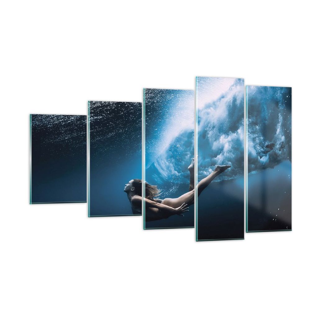 Bilder auf glas - 5 Teile - Tauchen Frau Wellen - 100x60cm - Glasbilder - Wandbilder - Bilder - zum Aufhängen bereit - Wanddekoration aus Glas - G...