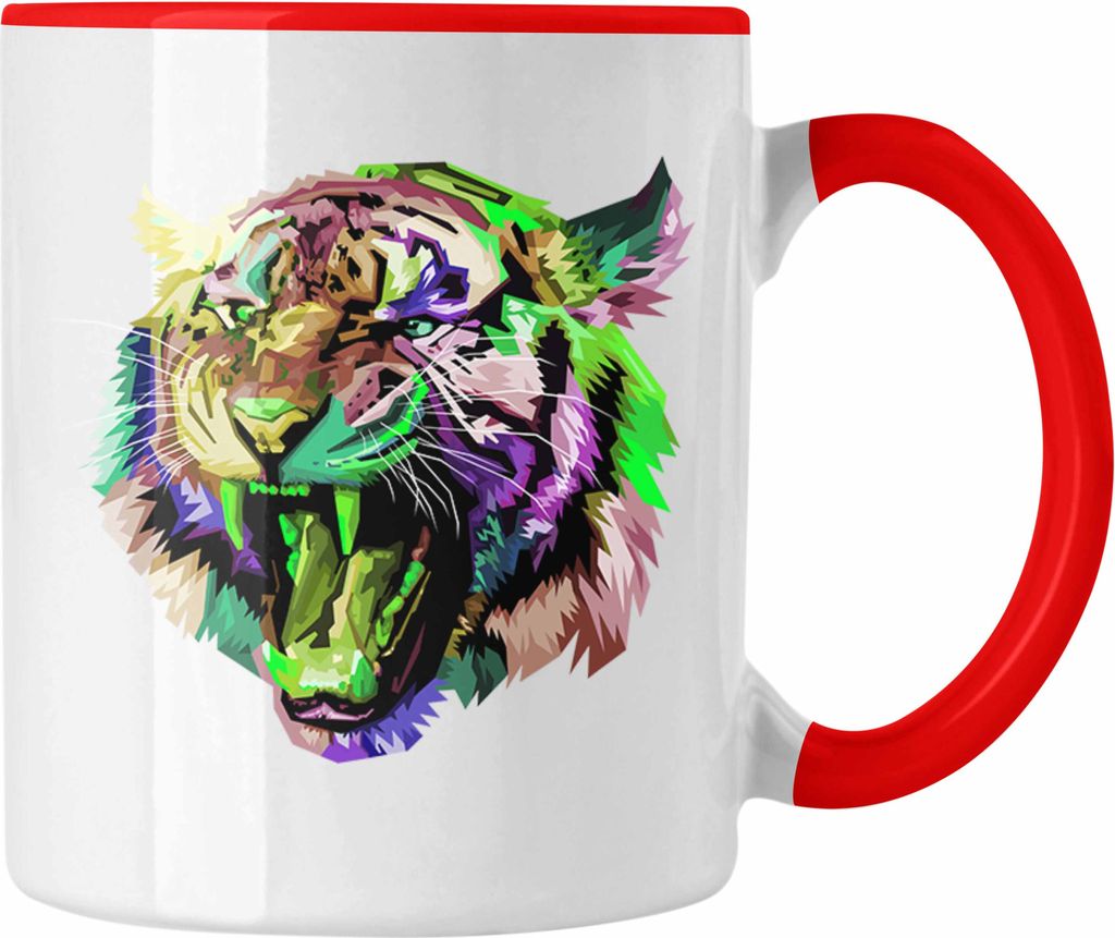 Trendation - Tiger Polygon Tasse Geschenk Tigern-Liebhaber Bunt (Rot)