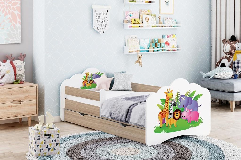 Happy Babies Kinderbett - Mit Matratze & Schublade und Rausfallschutz, 80x160, Mädchen Kinderbetten & Jugendbett Jungen Kids Bed, Jugendbett für ...