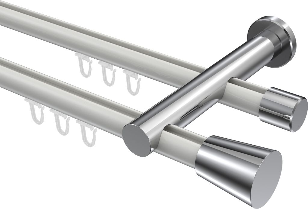 Interdeco Innenlaufstange / Gardinenstange mit Innenlauf Weiß / Chrom, Typ Platon Sitra (Konus), 20 mm Ø 2-läufig, 520 cm