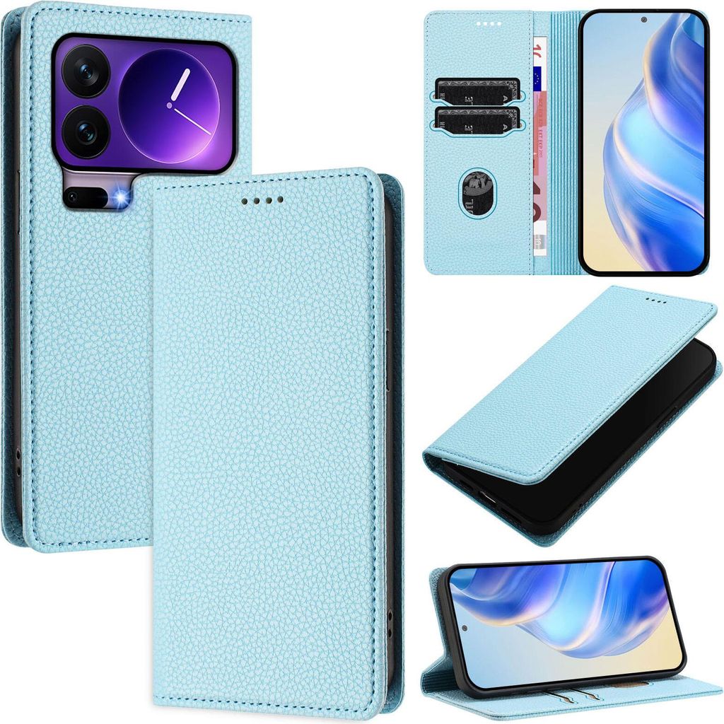 Litchi Leder Handyhülle für Xiaomi 17 Pro Wallet Kartenfächer Standfunktion Hülle Hellblau
