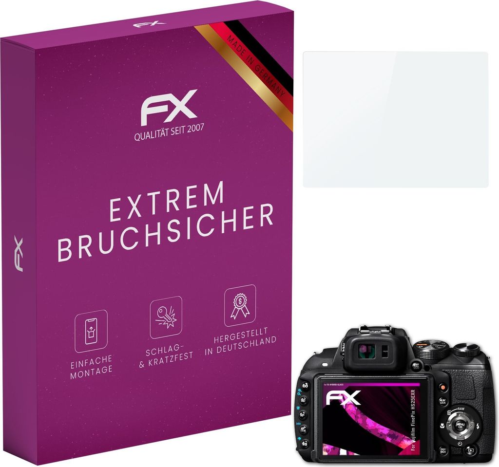atFoliX FX-Hybrid-Glass Displayfolie kompatibel mit Fujifilm FinePix HS25EXR Glasfolie