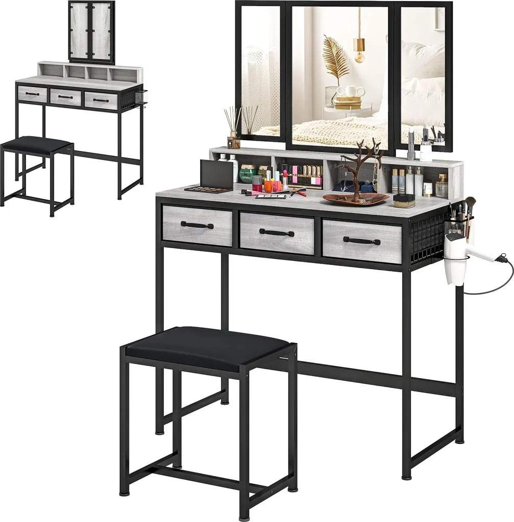 Table de maquillage grise avec miroir modulable et rangement en tissu