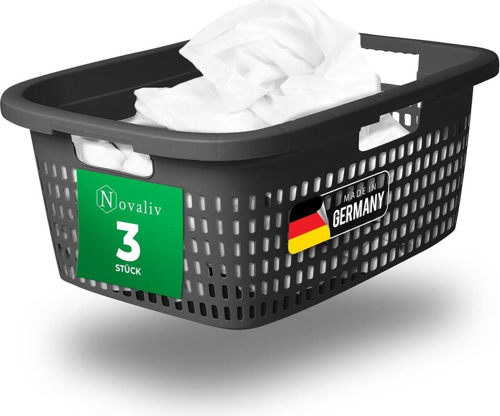 Novaliv 3er-Set Wäschekorb mit 3 Griffen 25L Anthrazit, Wäschebox Set Wäscheeimer Wäschebehälter für Bad Wäsche Schmutzwäsche, Wäschekörb...