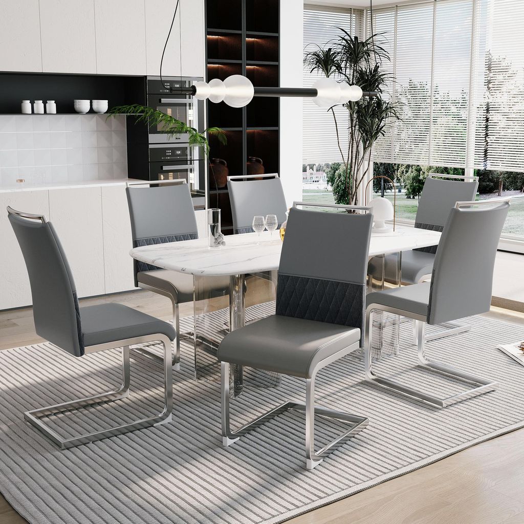 Fortuna Lai Moderne Esszimmerstühle 6er Set, Rücklehne aus PolyurethanKunstleder und Leinen, hoher Rücken gepolstert Side Chair, Querstreifen R...