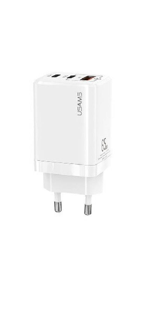 USAMS GaN Ladegerät 65W 2xUSB-C+USB Schnellladung Weiß Produktbild 