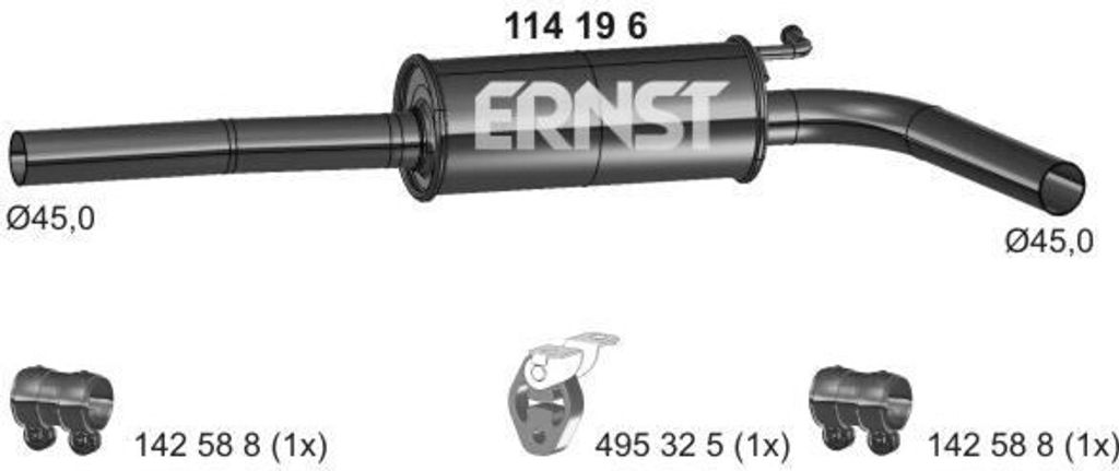 ERNST 114196 Mittelschalldämpfer Schalldämpfer für VW Polo Schrägheck (6R1, 6C1) für SKODA Fabia II Schrägheck (542) Fabia II Combi (545) fü...