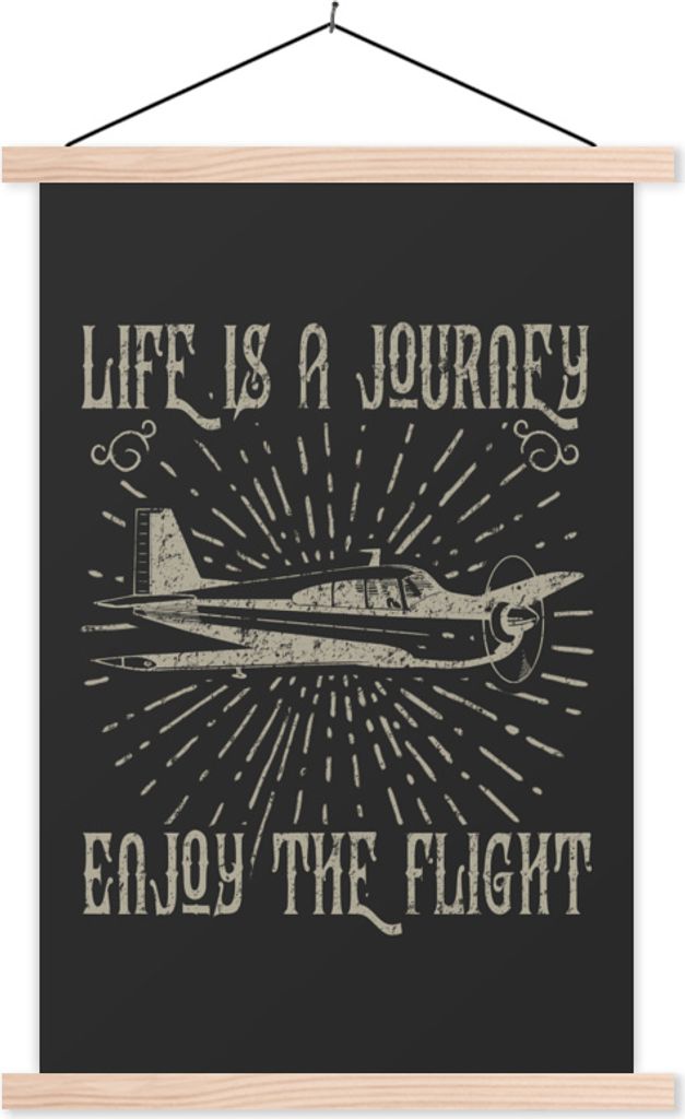 MuchoWow Textilposter Vintage - Flugzeug - Schwarz 60x90 cm mit holzfarbenen Rahmen - Textil