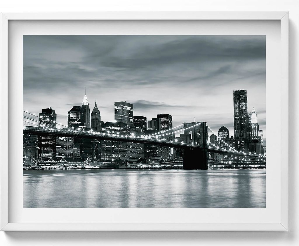 Brooklyn Bridge - Skyline von New York– Wandbild mit Rahmen – Gerahmtes Bild – Wanddekoration – 80x60 cm – Weiß Rahmen