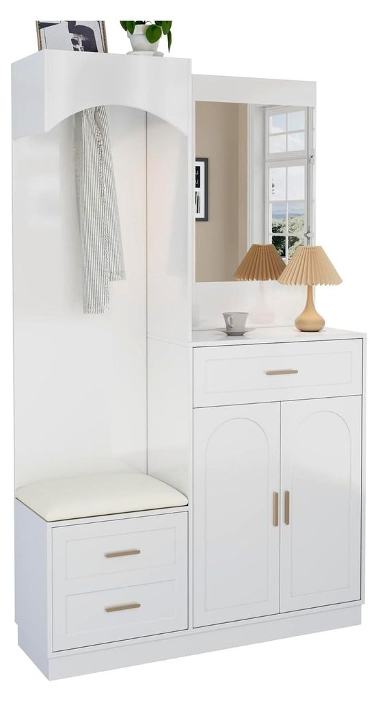 Flurgarderobe Set 110 cm mit Spiegel und Sitzbank | Kompaktgarderobe in Weiß, multifunktionaler Garderobenschrank für kleine Räume und Eingangsb...